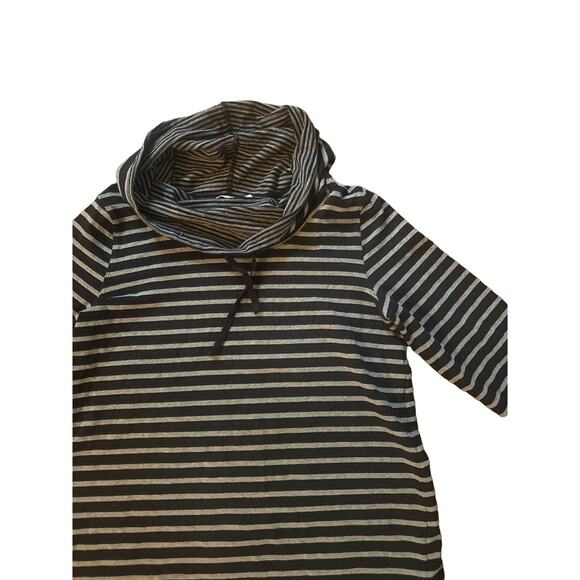 Women L Soft Surroundings 2AW15 Black Gray Stripe Cowl Neck Drawstring Tunic Top - Picture 2 of 5